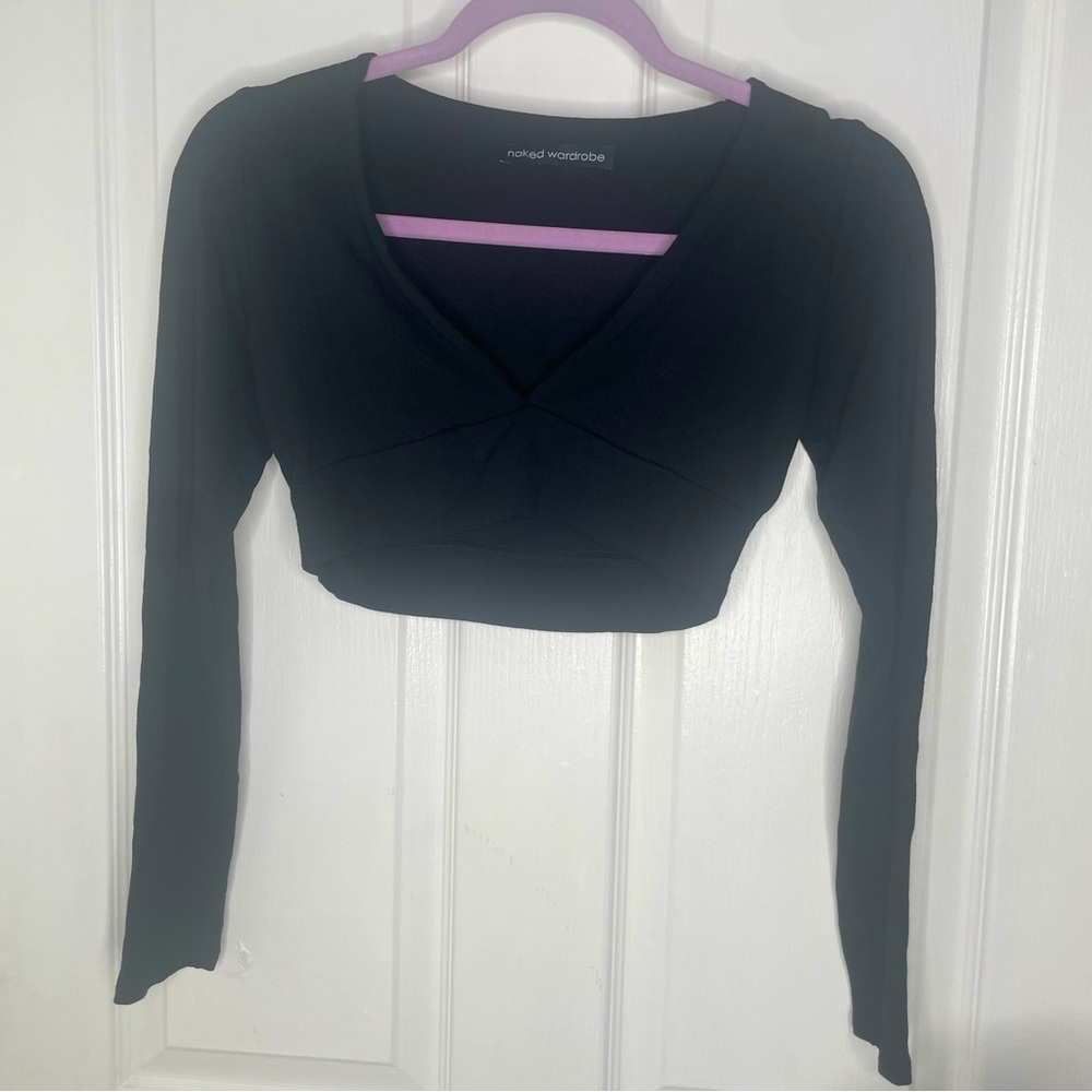 Naked Wardrobe Black V-Neck Long Sleeve Crop Top